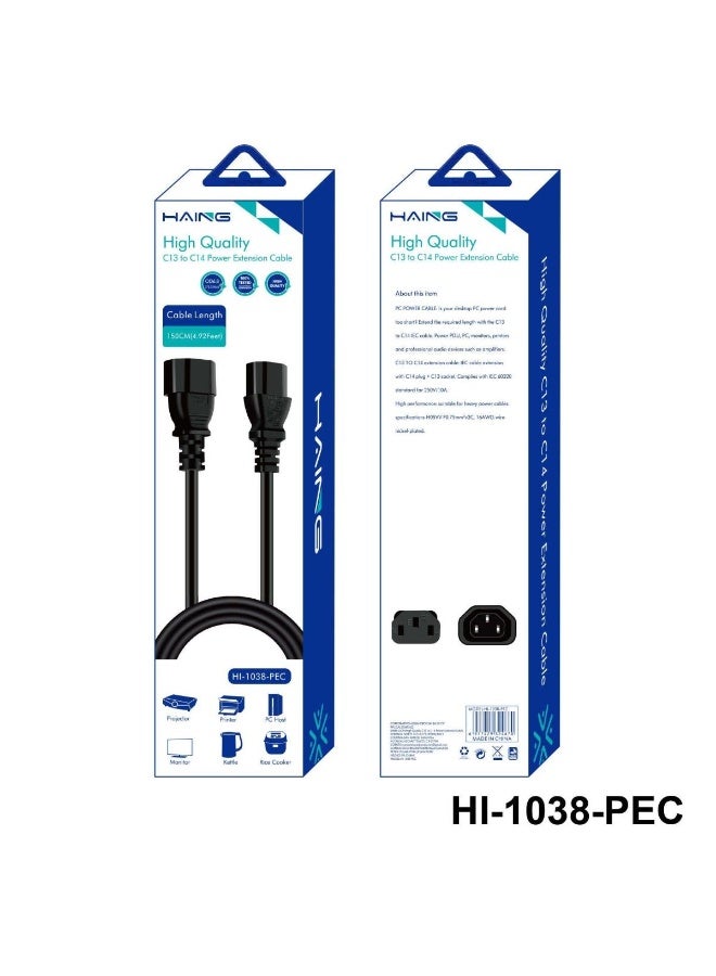Haing HI-1038-PEC-150C PC Power Extension Cable from C13 to C14, 1.5 meters - Image 2
